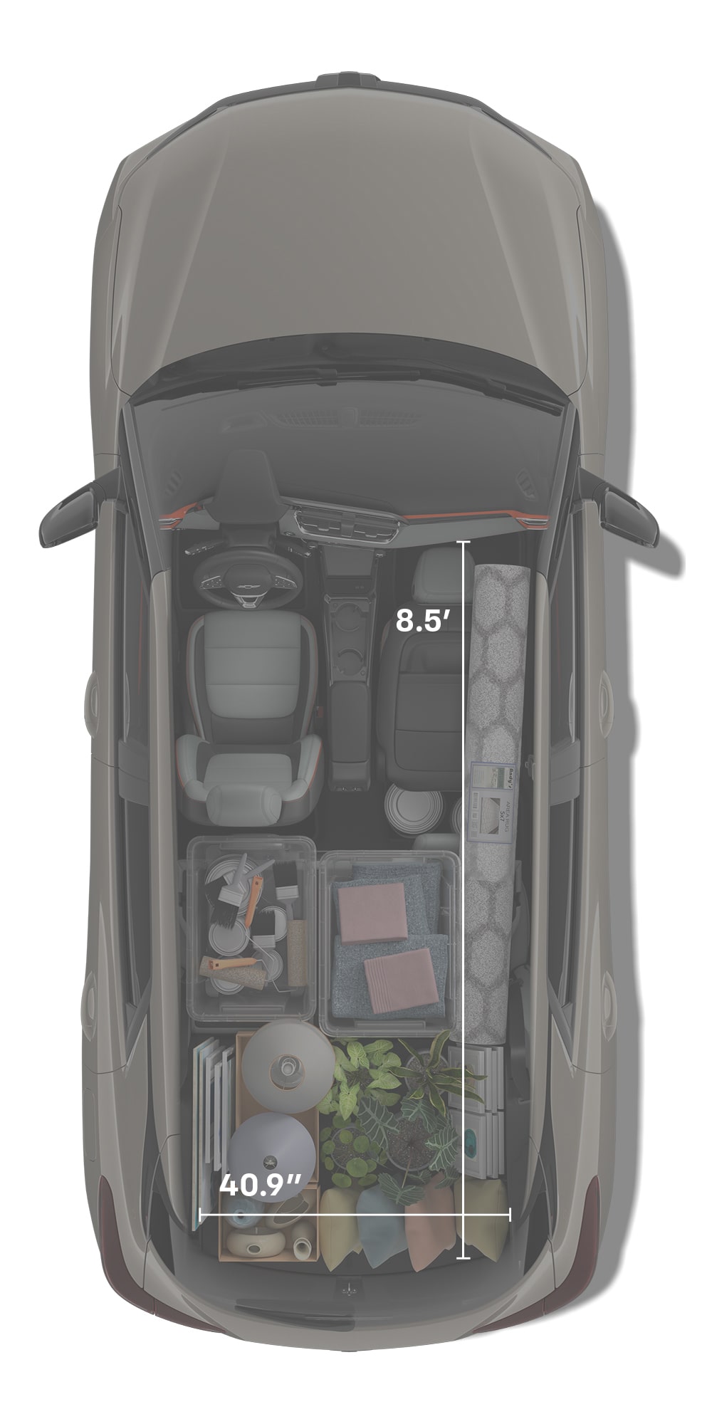 Top-Down View of a Red Chevrolet Blazer EV's Interior Faded, Packed With Camping Gear and Fishing Rods, With Dimensions