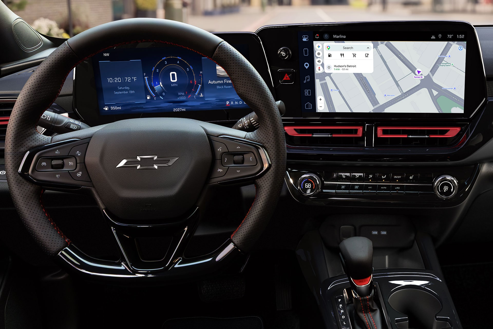 2027 Chevrolet Trax small SUV touchscreen navigation system displaying Google Maps with integrated vehicle connectivity features.