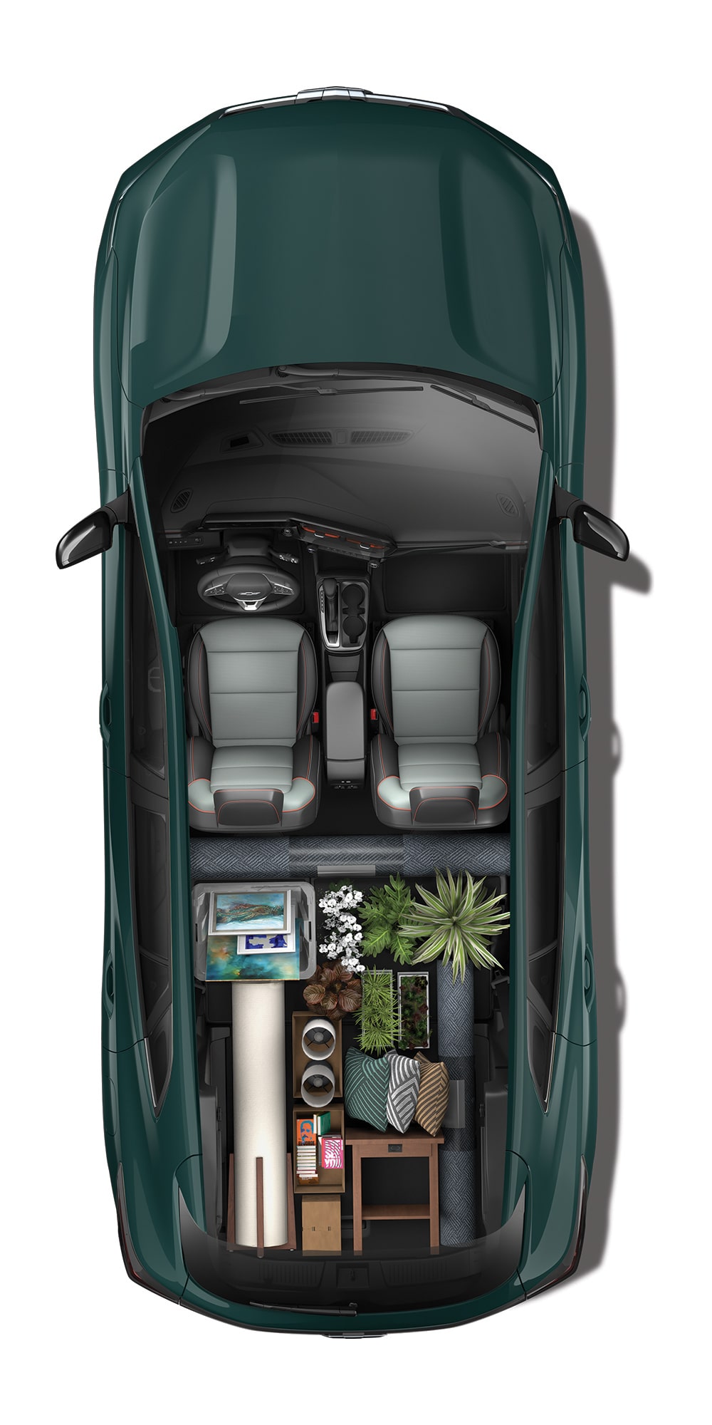 2027 Chevrolet Trax small SUV interior cargo layout viewed from above with rear seats folded to accommodate plants, storage bins, and household items.