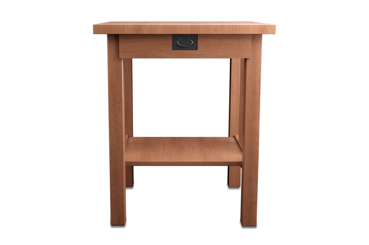 Wooden side table with a single drawer and lower storage shelf in a natural wood finish.