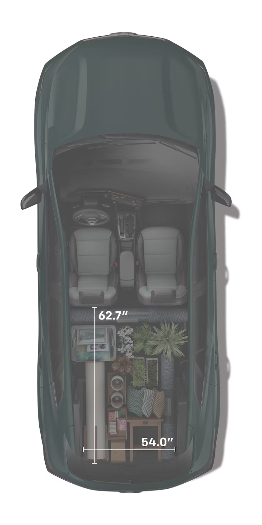 2027 Chevrolet Trax small SUV interior cargo layout viewed from above with rear seats folded to accommodate plants, storage bins, and household items.