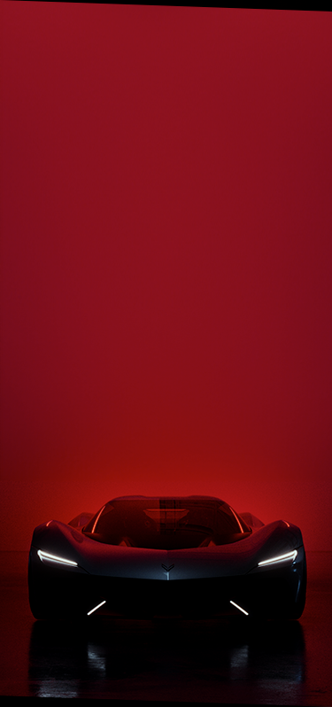 Vue de face de la Chevrolet Corvette CX garée dans un endroit faiblement éclairé.