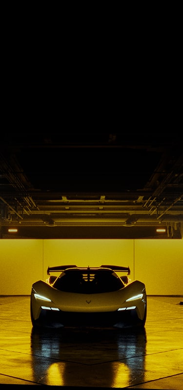 Vue de face de la Chevrolet Corvette CX garée à l’intérieur.