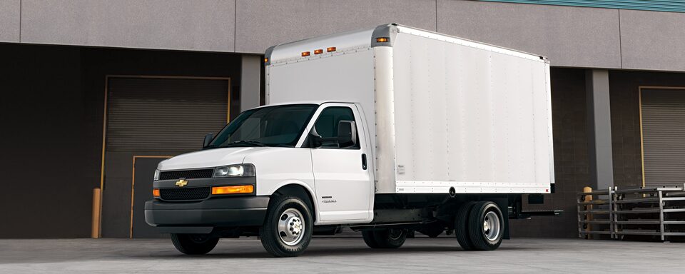 Side Angle View of the 2022 Chevrolet Express Cutaway Van.