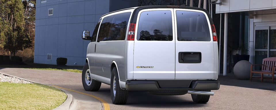 Rear view of the 2022 Chevrolet Express Passenger Van.