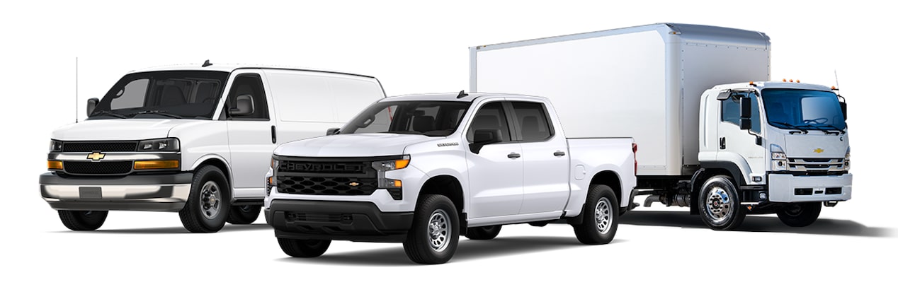 A lineup of Chevrolet Commercial vehicles.