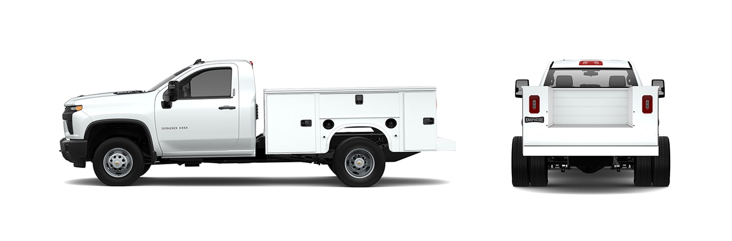 Side and back view of the 2026 Chevrolet Silverado 3500 HD Chassis Cab with a Utility upfit configuration.