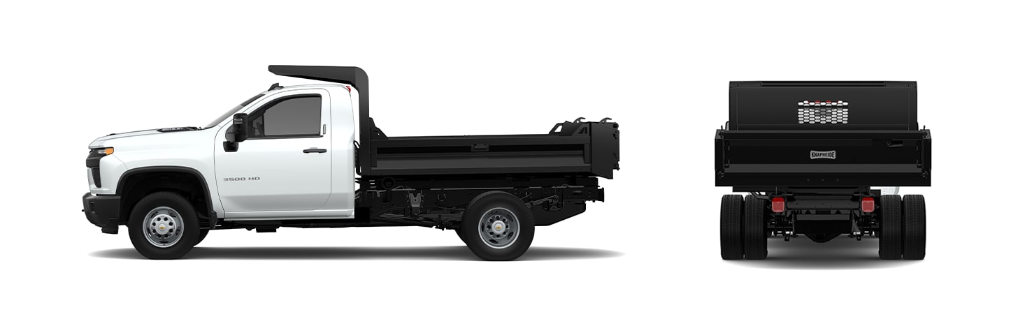 Side and back view of the 2026 Chevrolet Silverado 3500 HD Chassis Cab with a Dump Truck upfit configuration.