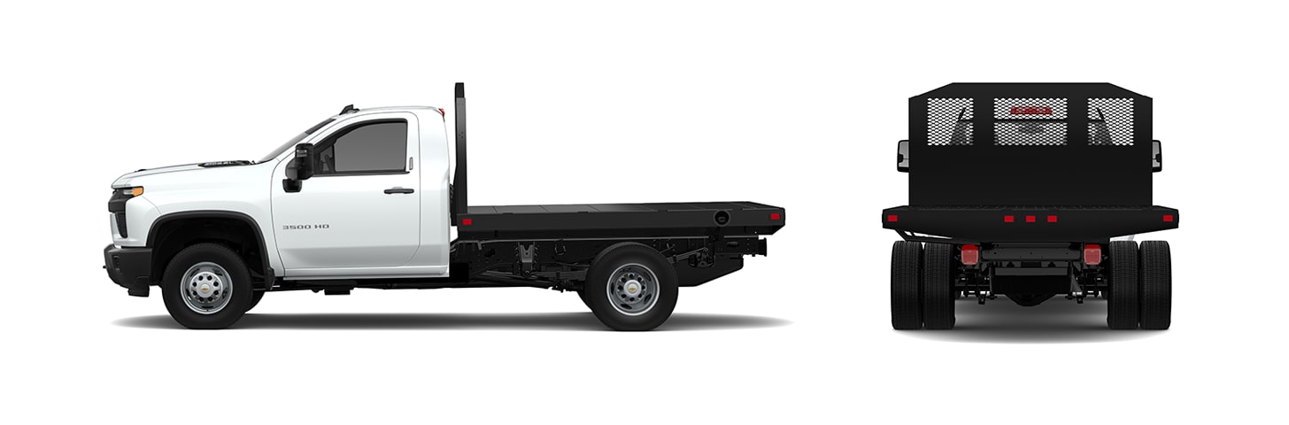 Side and back view of the 2026 Chevrolet Silverado 3500 HD Chassis Cab with a Flat Bed upfit configuration.