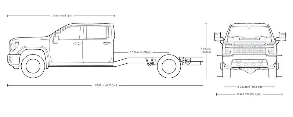 Graphique des spécifications du châssis-cabine Chevrolet Silverado 3500 HD 2024 à cabine multiplace.