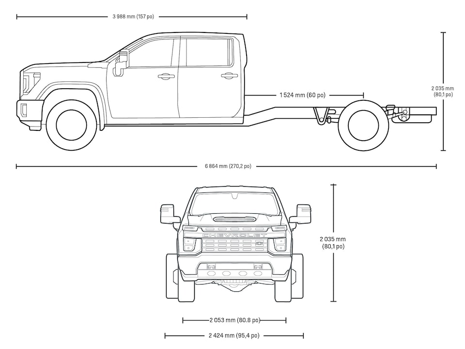 Graphique des spécifications du châssis-cabine Chevrolet Silverado 3500 HD 2024 à cabine classique.