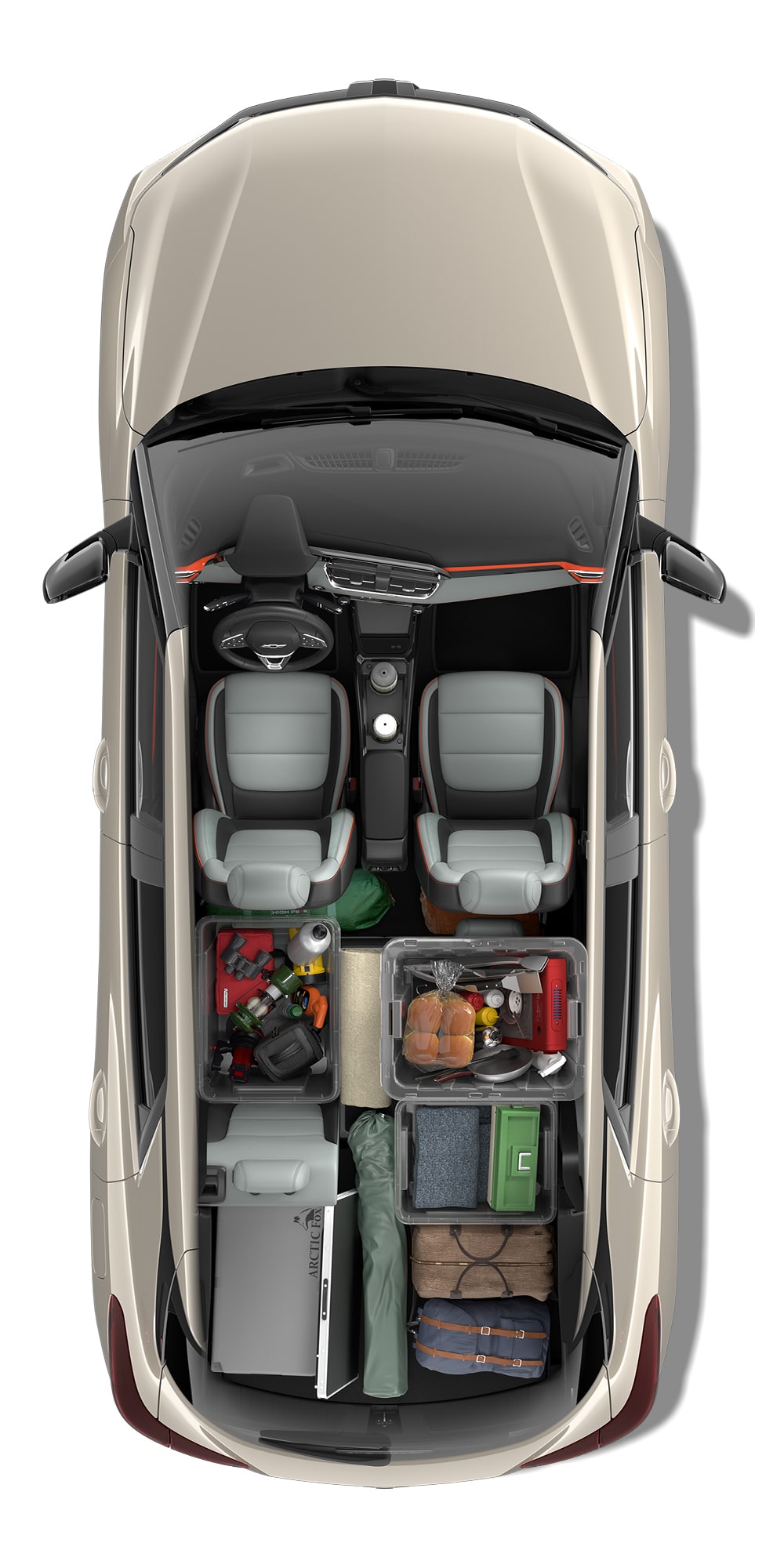 Top-Down View of a Red Chevrolet Blazer EV's Interior, Showing a Golf Bag, a Briefcase, and a Jacket