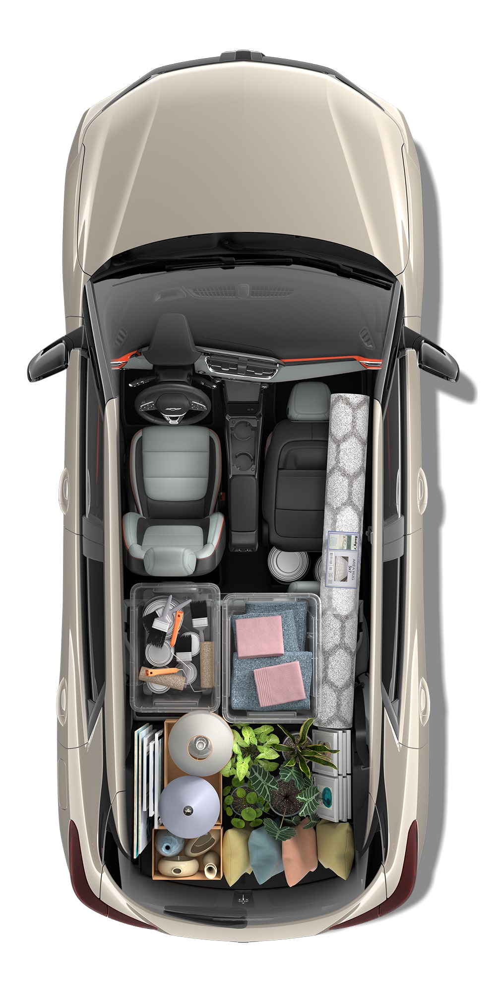 Top-Down View of a Red Chevrolet Blazer EV's Interior, Packed With Camping Gear, a Cooler, and Fishing Rods