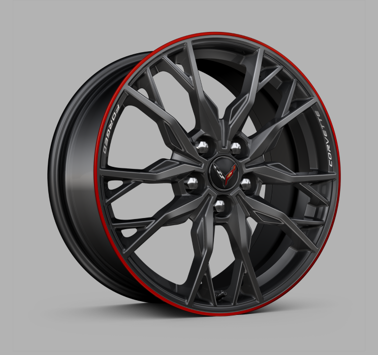 Midnight Gray with Red stripe forged aluminum wheels used on the 2025 Chevrolet Corvette Stingray.