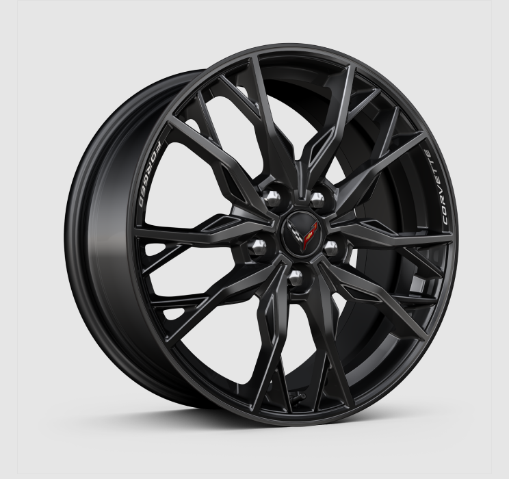 Gloss Black forged aluminum wheels used on the 2025 Chevrolet Corvette Stingray.