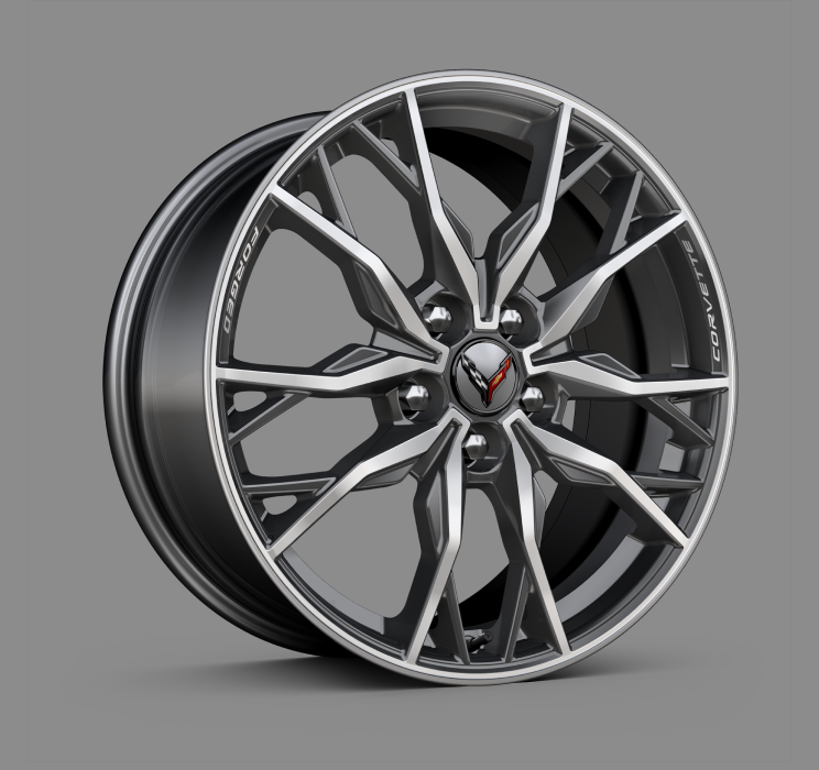 Bright machined-face forged aluminum wheels used on the 2025 Chevrolet Corvette Stingray.