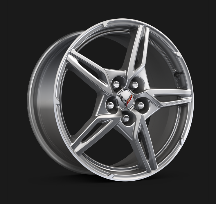 Bright Silver-painted aluminum wheels used on the 2025 Chevrolet Corvette Stingray.