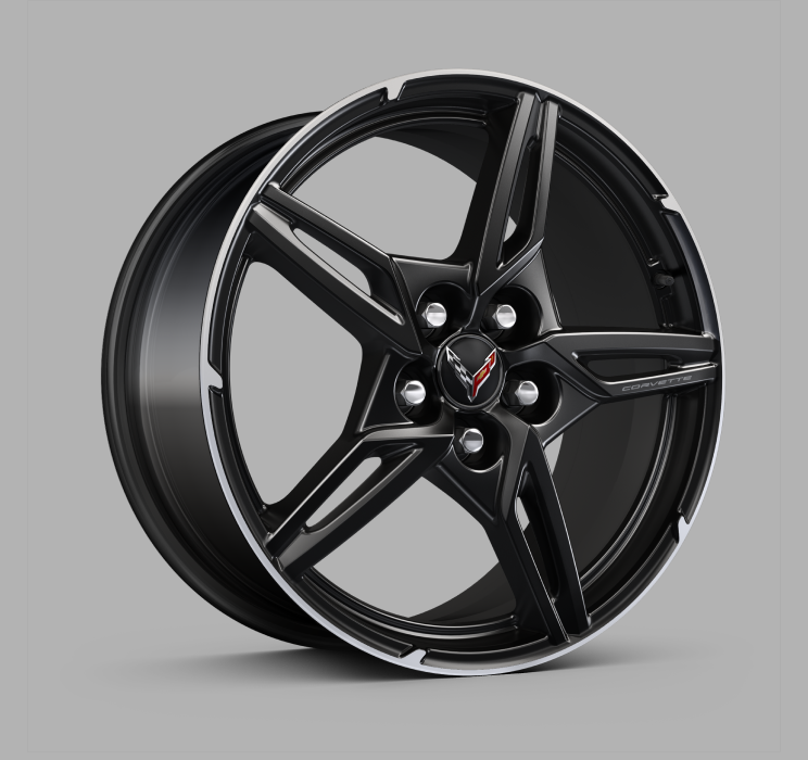 Carbon Flash-painted aluminum wheels used on the 2025 Chevrolet Corvette Stingray.